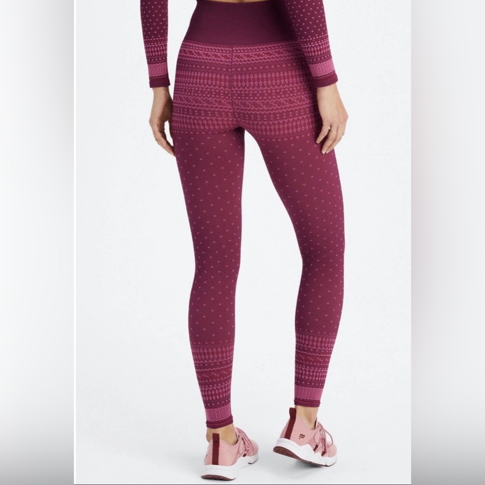 Fabletics High-Waisted Seamless Pink and Maroon Fair Isle Leggings - Picture 3 of 11